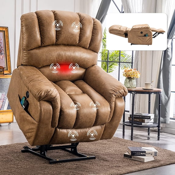 SOCIALCOMFY Bronzing Suede Fabric Office Power Remotes 1 x Dual Motor Large Power Lift Recliner Chair, Sand