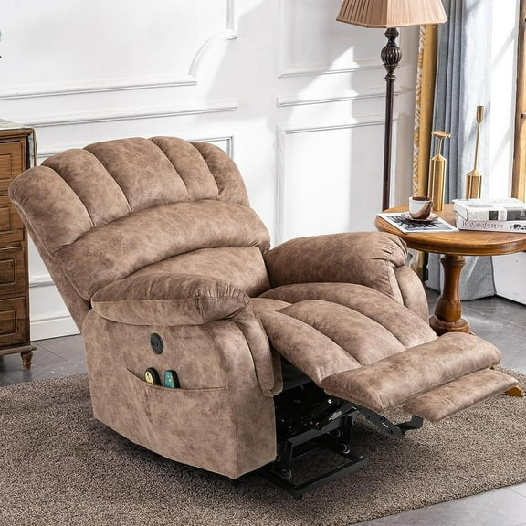 SOCIALCOMFY Large Electric Power Lift Recliner Chair with Extended Footrest for Elderly Big Man, Overstuffed Heated Massage Wide Reclining Sofa with 2 Remote Controls, Side Pockets & USB Ports, Brown