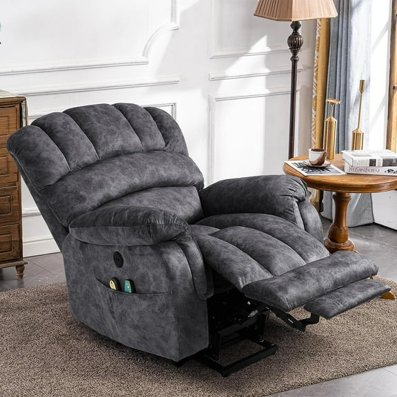 SOCIALCOMFY Large Electric Power Lift Recliner Chair with Extended Footrest for Elderly Big Man, Overstuffed Heated Massage Wide Reclining Sofa with 2 Remote Controls, Side Pockets & USB Ports, Gray