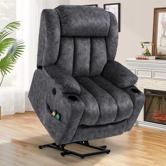 SOCIALCOMFY Large Electric Power Lift Recliner Chair with Extended Footrest for Elderly Big Man, Overstuffed Wide Massage Lounge Chairs with Heat, 2 Cup Holders, Side Pockets & USB Ports, Fabric Gray