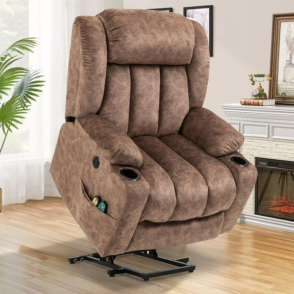SOCIALCOMFY Large Electric Power Lift Recliner Chair with Extended Footrest for Elderly Big Man, Overstuffed Wide Massage Lounge Chairs with Heat, 2 Cup Holders, Side Pockets & USB Ports, Fabric Brown