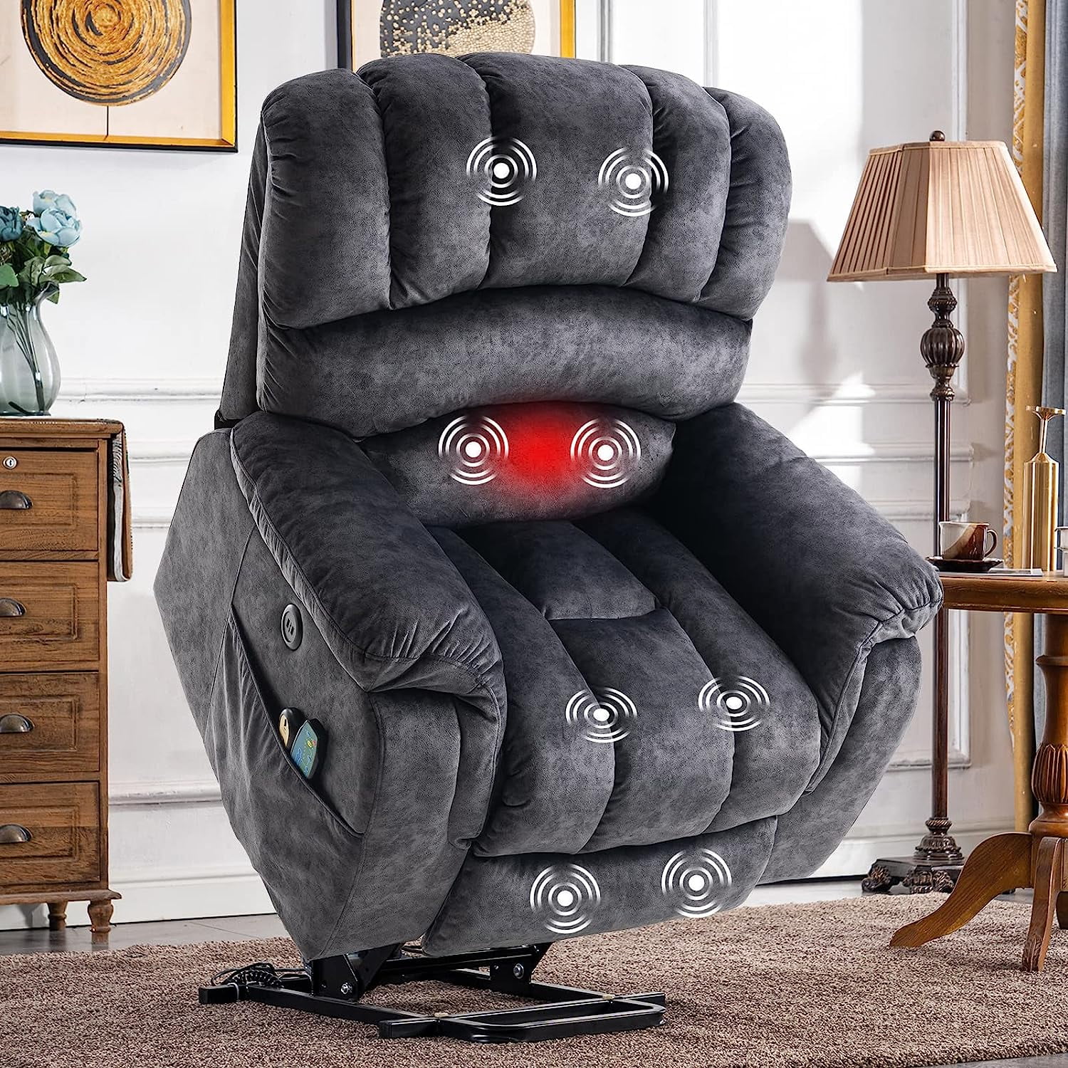 SOCIALCOMFY Large Power Electric Lift Recliner Chair for Elderly Big People, Heated Massage Motorized Reclining Sofa, Wide Fabric Recliners with 2 Remote Controls, Side Pockets & USB Ports, Dark Gray