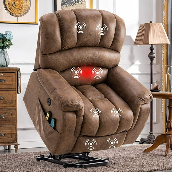 SOCIALCOMFY Large Power Electric Lift Recliner Chair for Elderly Big People, Heated Massage Motorized Reclining Sofa, Wide Recliners with 2 Remote Controls, Side Pockets & USB Ports, Brown