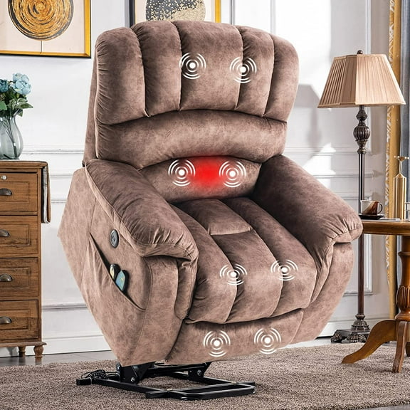 SOCIALCOMFY Large Power Electric Lift Recliner Chair for Elderly Big People, Heated Massage Motorized Reclining Sofa, Wide Soft Fabric Recliners with 2 Remote Controls, Side Pockets & USB Ports, Brown