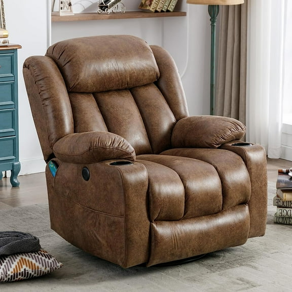 SOCIALCOMFY Manual Swivel Glider Rocker Recliner Chair with Heated Massage, 360° Swivel Overstuffed Lounge Chair with 2 Cup Holders, Side Pockets & USB Ports for Living Room, Brown