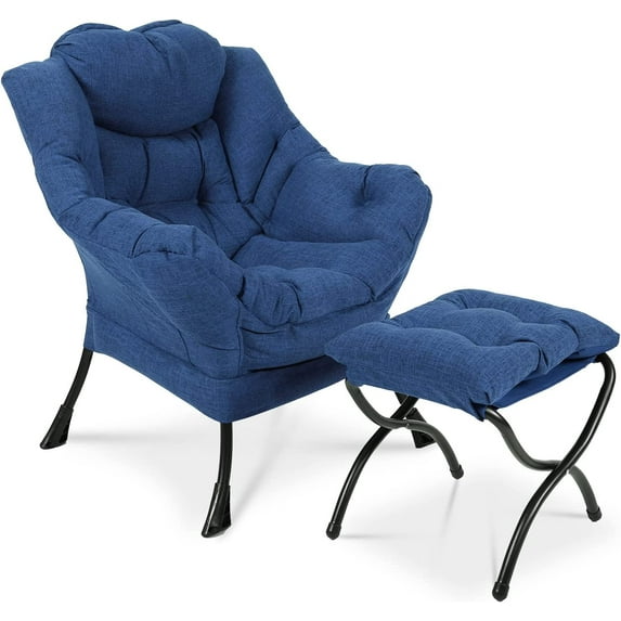 SOCIALCOMFY Modern Lazy Chair with Portable Ottoman, Accent Contemporary Lounge Chair Steel Frame Leisure Sofa Chair Set with Footstool, Armrests, Side Pocket for Living Room, Bedroom, Office, Blue