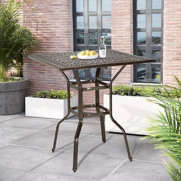 SOCIALCOMFY Outdoor Cast Aluminum Bar Table, 35.4" Patio Bar Height Table with 2.2" Umbrella Hole, All Weather High Top Bistro Square Dining Table for Outside Deck Porch Balcony Poolside, Dark Bronze
