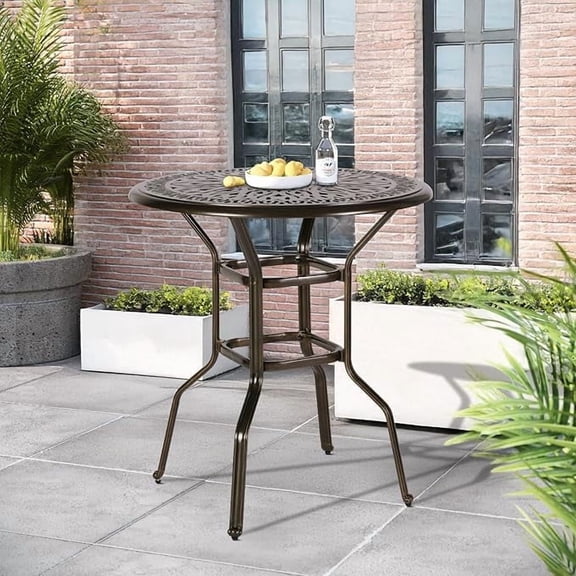 SOCIALCOMFY Outdoor Cast Aluminum Bar Table, 35.4" Patio Bar Height Table with 2" Umbrella Hole, All Weather High Top Bistro Round Dining Table for Outside Deck Porch Balcony Poolside, Dark Bronze