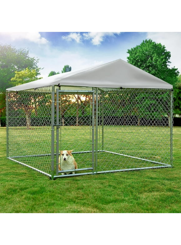 SOCIALCOMFY Outdoor Large Dog Kennel, Heavy Duty Dog Cage Pet House Galvanized Steel Fence Dog Playpen Puppy Exercise Pen Dog Run Cage w/UV & Waterproof Cover and Secure Lock(6.48'Lx6.48'Wx5.18'H)