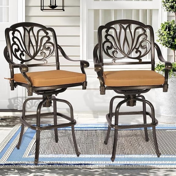 SOCIALCOMFY Outdoor Swivel Bar Stools Set of 2, All Weather Cast Aluminum Patio Bar Height Chair with High Back, Cushion, Outdoor High Top Bistro Bar Stools for Backyard, Lawn Garden, Balcony
