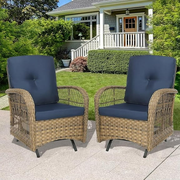 SOCIALCOMFY Outdoor Wicker Glider Rocker Chair, Patio Rattan Gliding Rocking Chairs Set of 2 with Thickened Cushions, All-Weather Wicker Furniture Sets for Porch Garden & Backyard, Navy Blue