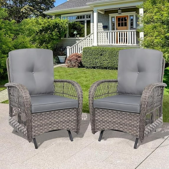SOCIALCOMFY Outdoor Wicker Glider Rocker Chair Set of 2, Patio Rattan Gliding Rocking Chairs with Thickened Cushions, All-Weather Wicker Furniture Sets for Porch Garden & Backyard, Gray