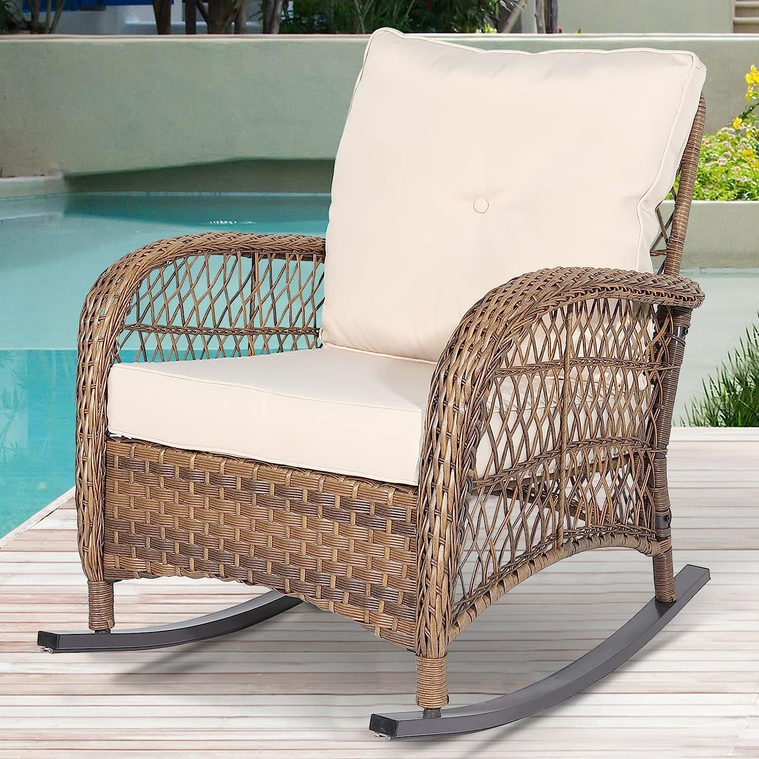 Beige Cushioned Wicker Rocking Armchair with Brown Frame