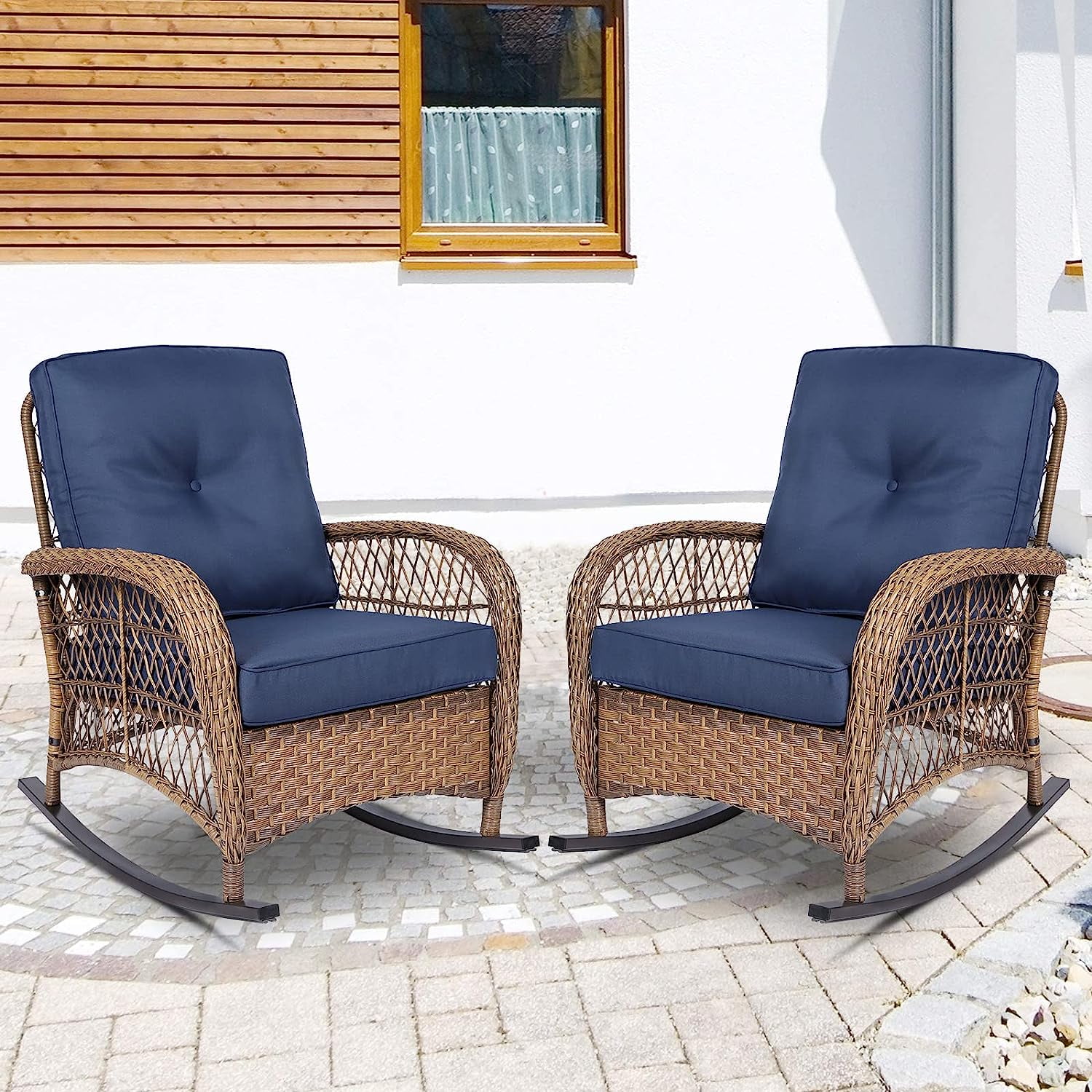 Resistant Chair Socialcomfy Rattan Outdoor UV-Resistant Rocking Chair, Navy Blue (Set ...
