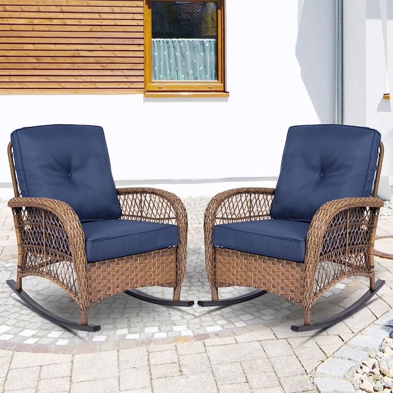 Socialcomfy Rattan Outdoor UV-Resistant Rocking Chair, Navy Blue (Set of 2)