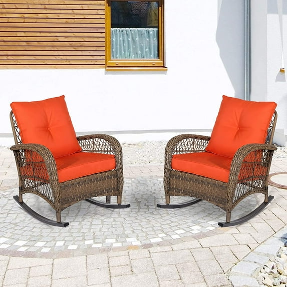 Socialcomfy Solid Print Rattan Outdoor Sturdy and Stable Rocking Chair, Orange (Set of 2)