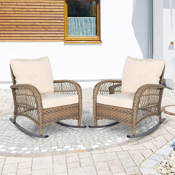 SOCIALCOMFY Outdoor Wicker Rocking Chair, Patio Rattan Rocker Chair with Steel Frame, Rocking Lawn Chair Patio Furniture, Light Brown Wicker & Beige Cushions, Set of 2