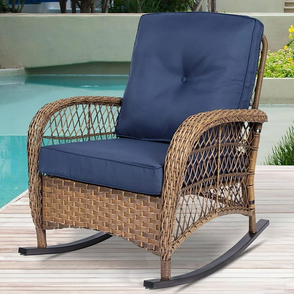 SOCIALCOMFY Outdoor Wicker Steel Frame Rocking Chair with Cushions, Light Brown Wicker & Navy Blue