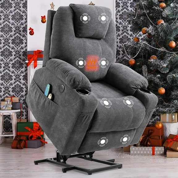 SOCIALCOMFY Power Lift Recliner Chair for Elderly, Heavy Duty Lift Chair with Heat and Massage, Soft Fabric Recliner Chair with 2 Remote Controls, Cup Holders, Side Pockets & USB Ports (Grey)