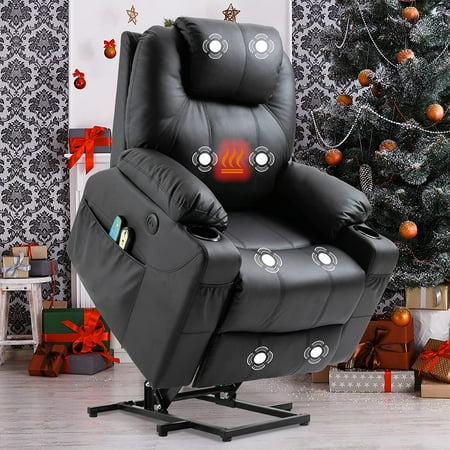 SOCIALCOMFY Power Lift Recliner Chair for Elderly, Heavy Duty Lift Chair with Heat and Massage, Faux Leather Recliner Chair with 2 Remote Controls, Cup Holders, Side Pockets & USB Ports (Black)