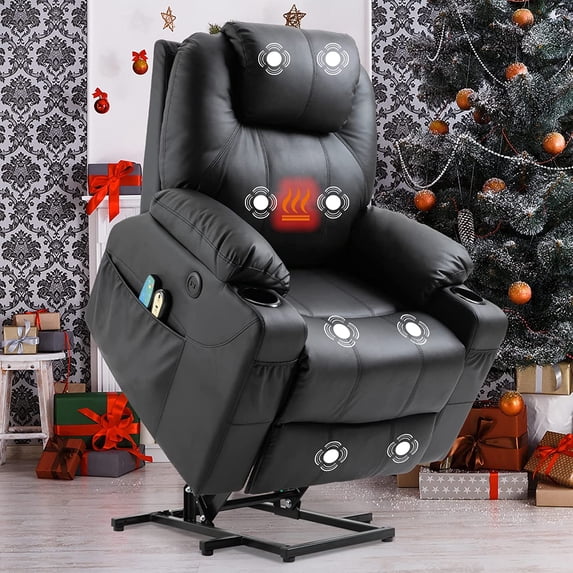 SOCIALCOMFY Power Lift Recliner Chair for Elderly, Heavy Duty Lift Chair with Heat and Massage, Faux Leather Recliner Chair with 2 Remote Controls, Cup Holders, Side Pockets & USB Ports (Black)