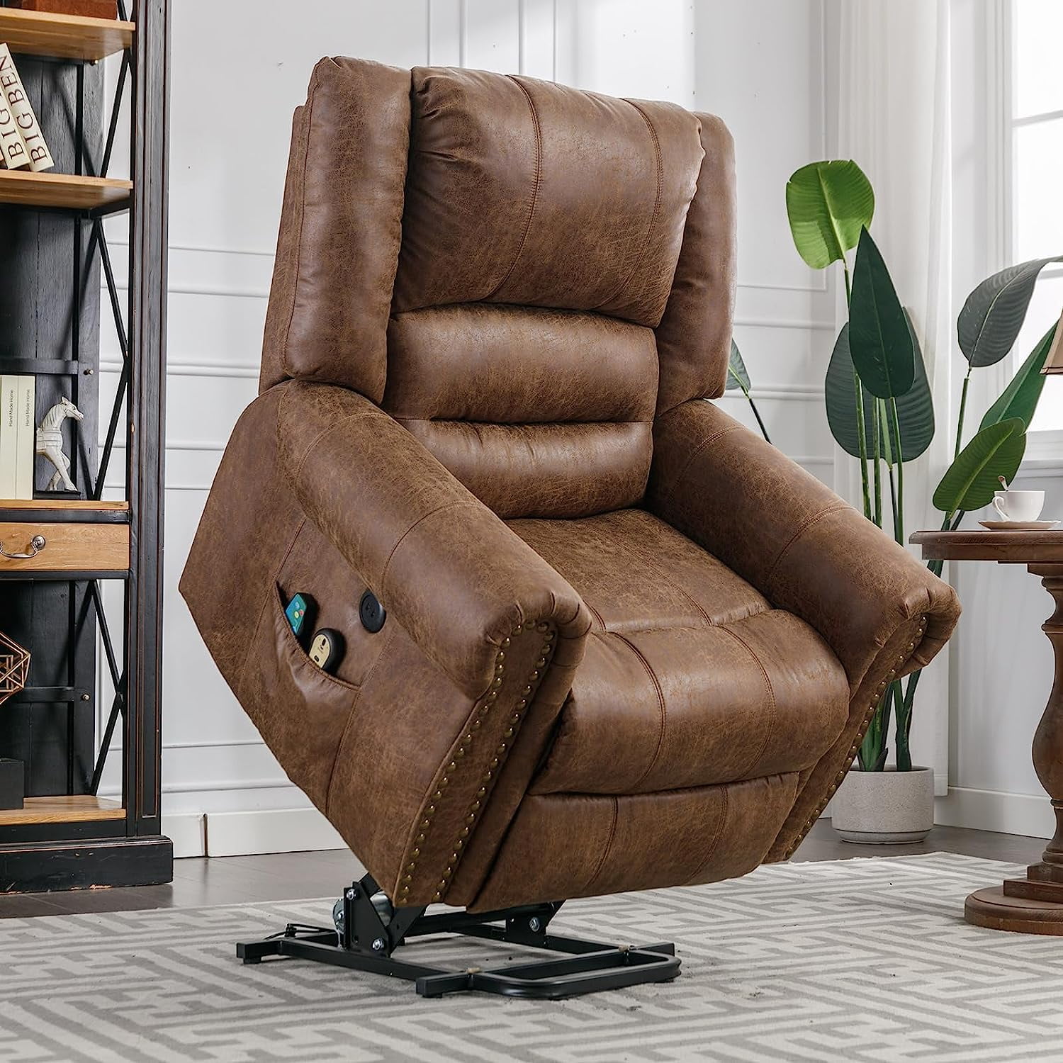 SOCIALCOMFY Power Lift Recliner Chair for Elderly with Massage and Heat, Electric Recliner Chair with Rivet Decoration, 2 Remote Controls, Side Pockets & USB Ports for Home, Office (Nut Brown)