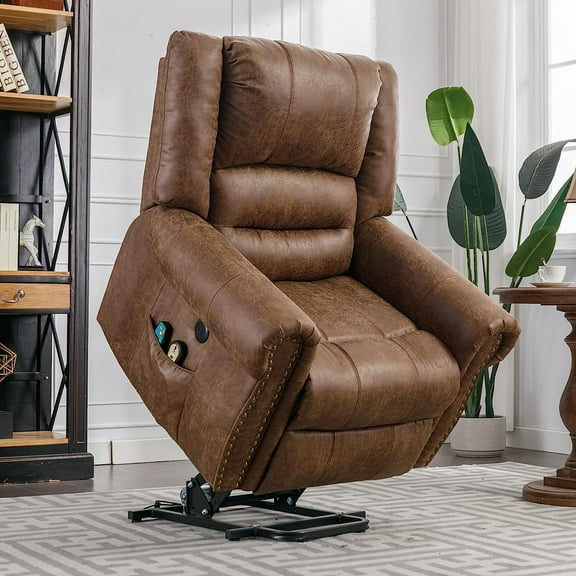 SOCIALCOMFY Power Lift Recliner Chair for Elderly with Massage and Heat, Electric Recliner Chair with Rivet Decoration, 2 Remote Controls, Side Pockets & USB Ports for Home, Office (Nut Brown)