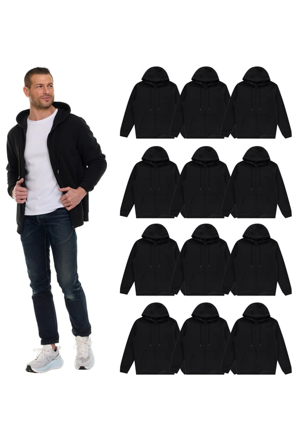12 Pack Adult Zippered Hoodies For Men & Women Classic Fit Unisex Hoodie Sweatshirt in Bulk, Black Color, ASSORTED SIZES Ideal For Homeless Shelter Donations Events