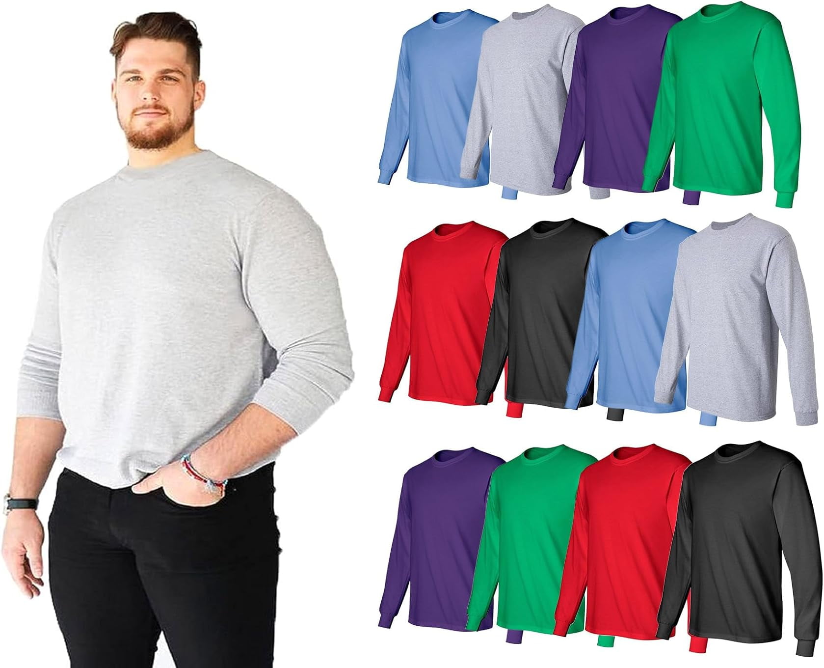 SOCKS'NBULK 12 Pack Big & Tall Long Sleeve Colorful T-Shirts for Mens 100% Cotton - Crew Neck Bulk Tees Wholesale Packs