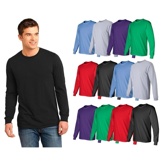 SOCKS'NBULK 12 Pack Mens Long Sleeve Colorful T-Shirts, Cotton - Crew Neck Bulk Tees for Men, Wholesale Sleeved Tshirt Packs, Large