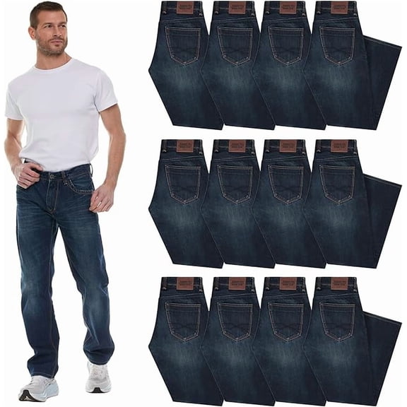 SOCKS'NBULK 12 Pack Mens Wholesale Jeans Pants, Classic Fit Relaxed Bulk Denim for Men, Assorted Sized Packs
