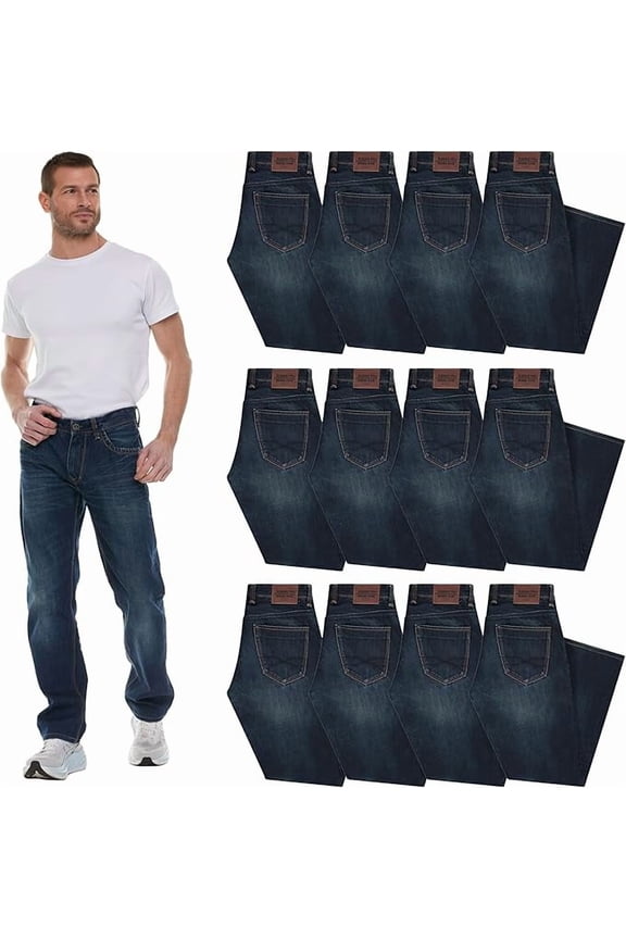 12 Pack Mens Wholesale Jeans Pants, Classic Fit Relaxed Bulk Denim for Men, Assorted Sized Packs