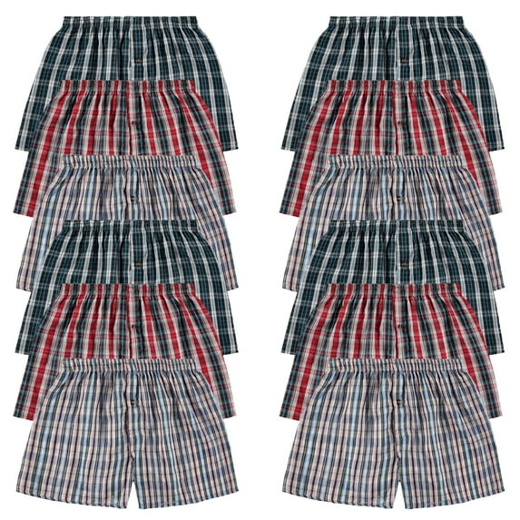 SOCKS'NBULK 12 Pack Wholesale Men's Tag Free Woven Boxer Shorts, Relaxed Fit, Underwear Bulk for Men, Donations Shelters Assorted Color Cases (X-Large)