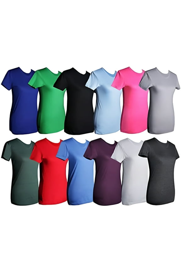 12 Pack of Womens T-Shirts in Bulk, Cotton Blend Crew Neck Scoop Short Sleeve Tees Mix Colors Bulk