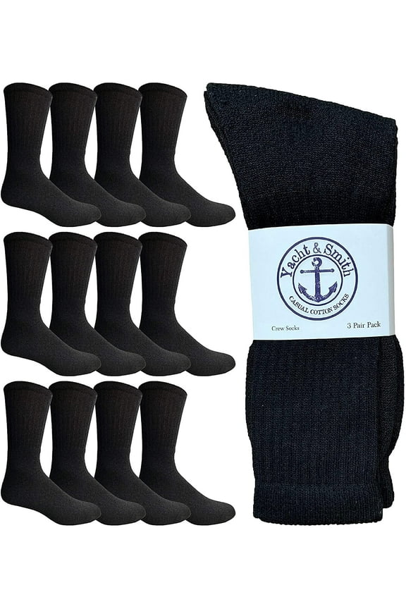 12 Pair Mens King Size Crew Socks, Big and Tall Sports Athletic Socks, 13-16 (Black)