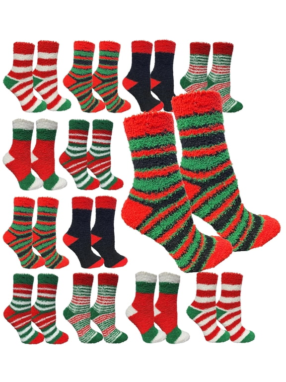 12 Pairs Christmas Fuzzy Socks, Womens Holiday Slipper Sock, Furry, Bulk Gift Holiday Stocking Stuffer