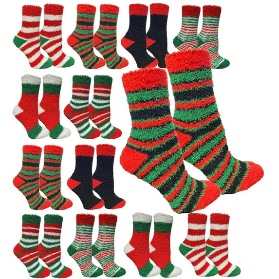 SOCKS'NBULK 12 Pairs Christmas Fuzzy Socks, Womens Holiday Slipper Sock, Furry, Bulk Gift Holiday Stocking Stuffer