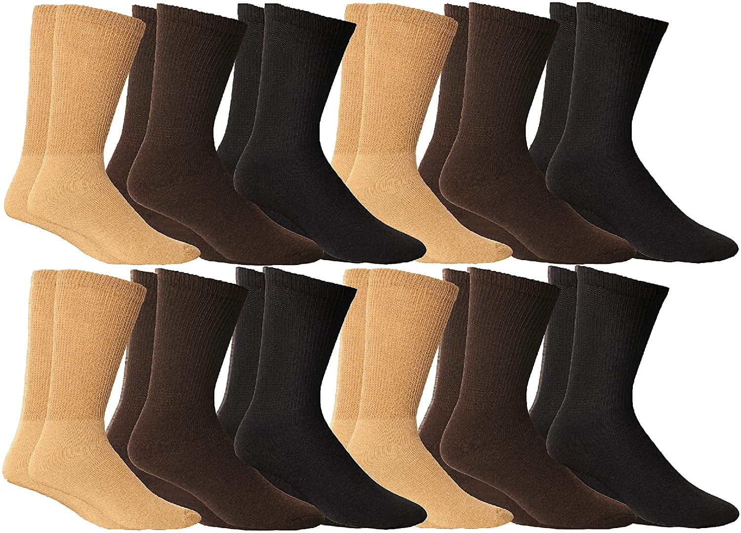 SOCKS'NBULK 12 Pairs Mens Loose Fit Non-Binding Soft Cotton Diabetic Crew and Ankle Socks, Bulk Value Pack Men (10-13)