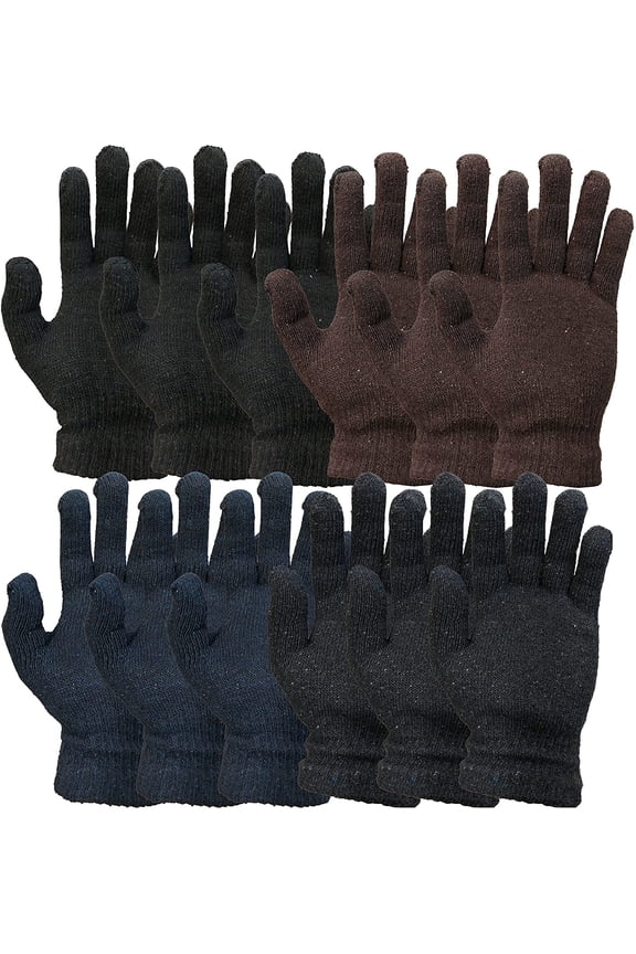 12 Pairs Winter Gloves, Assorted Solid Colors, Warm Acrylic, Mens or Womens (Mens Assorted)
