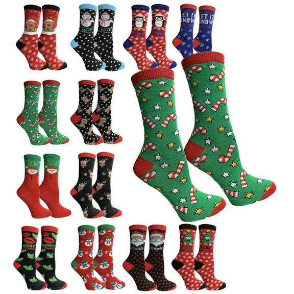 SOCKS'NBULK 12 Pairs Womens Christmas Socks, Novelty Holiday Socks, Fun Colorful Festive, Crew, Slipper Socks