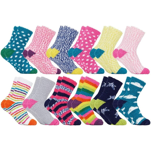 SOCKS'NBULK 12 Pairs Womens Warm And Cozy Fuzzy Socks, Colorful Winter Bulk Furry Sock