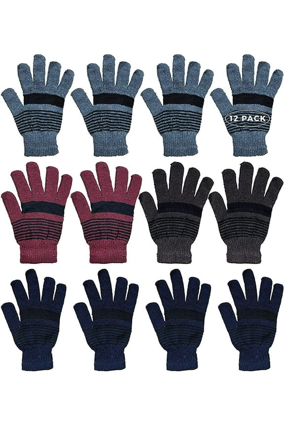 12 Pairs of Winter Gloves Mens and Womens - Thermal Knit Stretchy Fuzzy Bulk Glove Colors (UNISEX STRIPE)