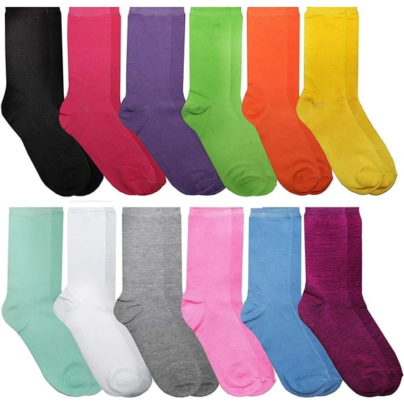 SOCKS'NBULK 12 Pairs of Womens Casual Crew Socks, Cotton Colorful Fun Patterns, Women Solid Dress Sock (12 Bright Neon Colors)