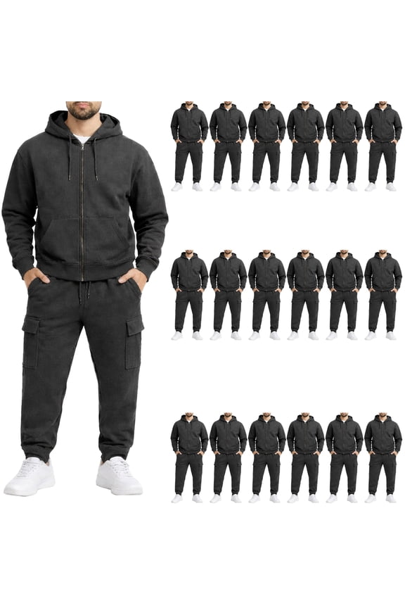 18 Pack Wholesale Zipper Hoodie & Cargo Jogger Pants for Men Bulk Sweatsuit Sets ASSORTED SIZES For Donation Events
