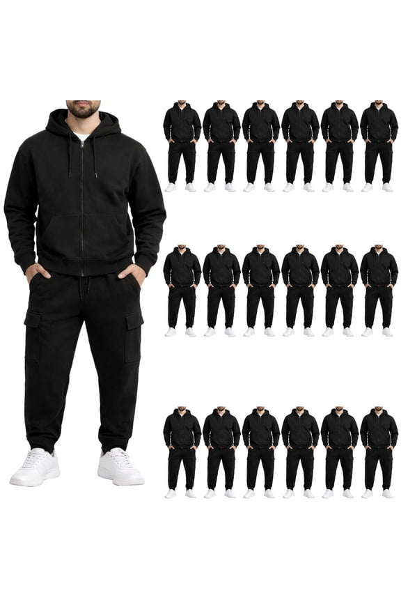 18 Pack Wholesale Zipper Hoodie & Cargo Jogger Pants for Men Bulk Sweatsuit Sets ASSORTED SIZES For Donation Events