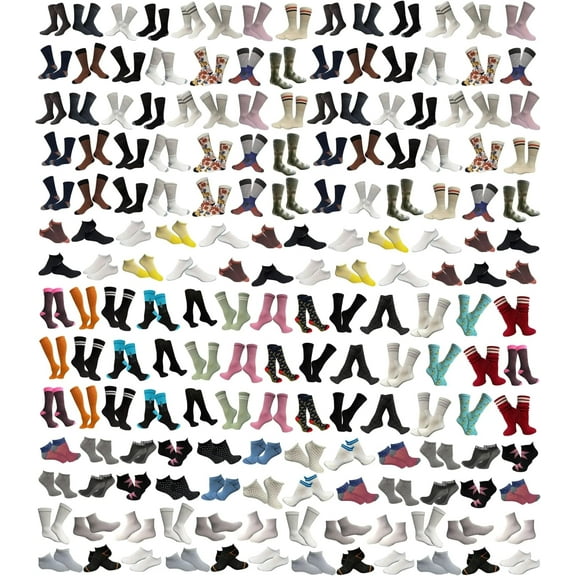 SOCKS'NBULK 180 Pairs of Sample Socks Mens, Women's, Kids, Crew and Ankle Socks - Mixed Assorted Random Colors Wholesale Lot Bulk, Great for Donating Shelters