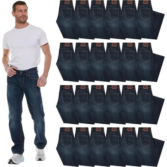 SOCKS'NBULK 24 Pack Mens Wholesale Jeans Pants, Classic Fit Relaxed Bulk Denim for Men, Assorted Sized Packs