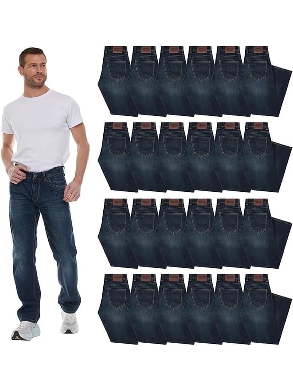 24 Pack Mens Wholesale Jeans Pants, Classic Fit Relaxed Bulk Denim for Men, Assorted Sized Packs