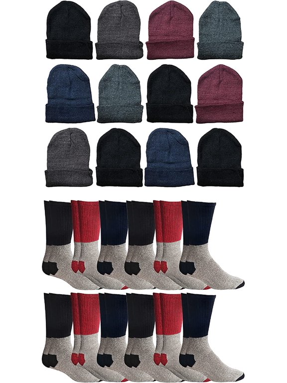 24 Pack Mens Winter Hat Sock Kit - 12 Pairs Thermal Socks + 12 Black Beanies, Winter Kit Men, Bulk Wholesale
