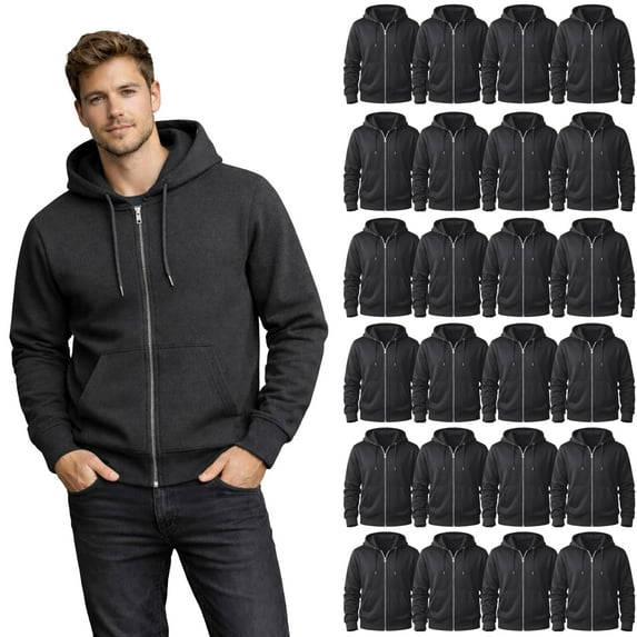 SOCKS'NBULK 24 Pack Wholesale Full Zip Hoodies ASSORTED MIXED SIZES, Bulk Cotton Fleece Zippered Sweatshirts for Men & Women, Shelter Donation, Shelters, Hoodie Case Charcoal Gray Color